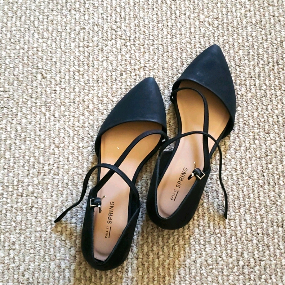 Call it Spring black strappy pointed toe flats